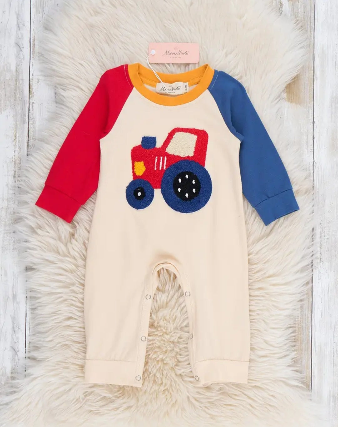 Tractor Trail Embroidered Colorblock Romper