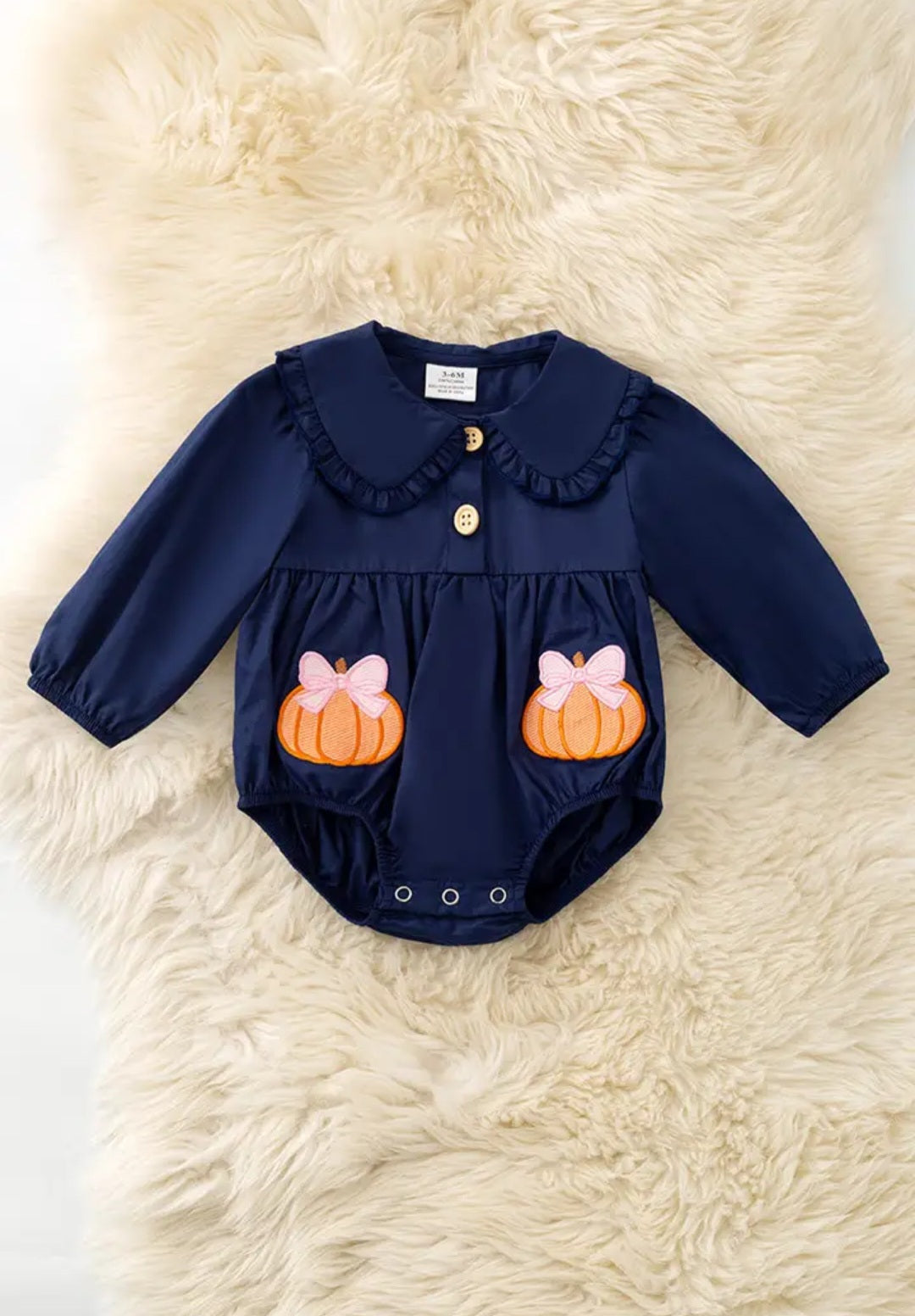 Navy Blue Romper w/ Pumpkin Applique