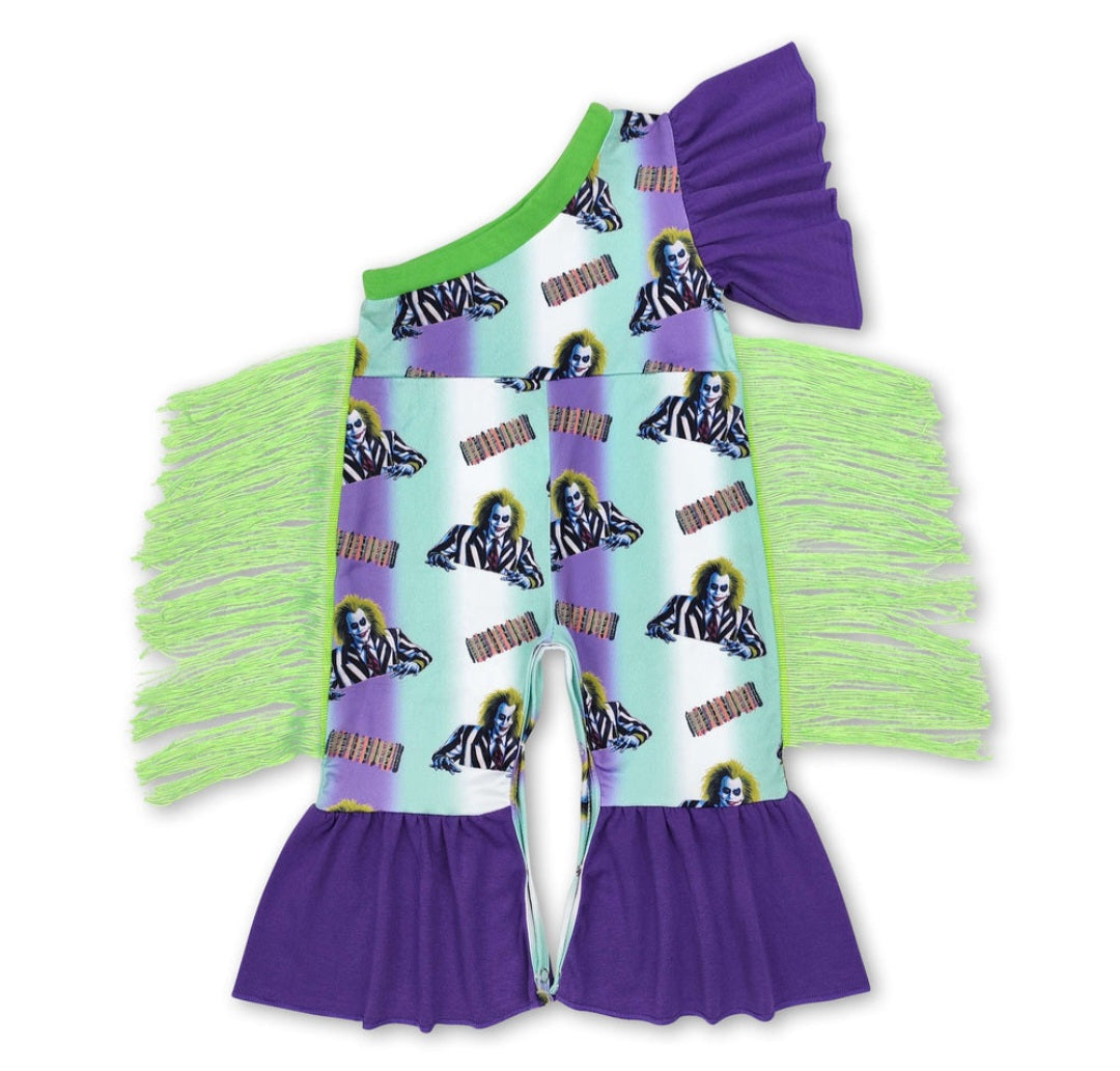 Green purple one shoulder tassels babv airls Halloween romper