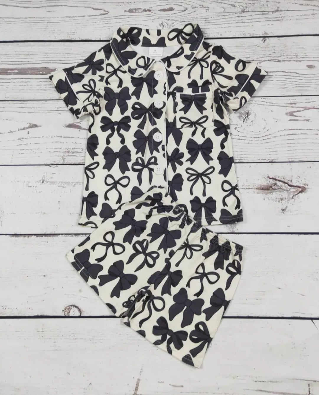 Black Bow Printed Girls Pajamas Set