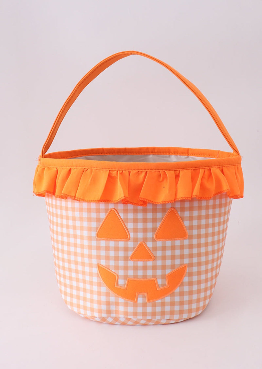Orange Pumpkin Applique Gingham Ruffle Basket