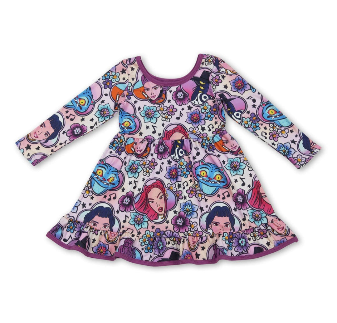 Purple long sleeves tiger floral music girl dress