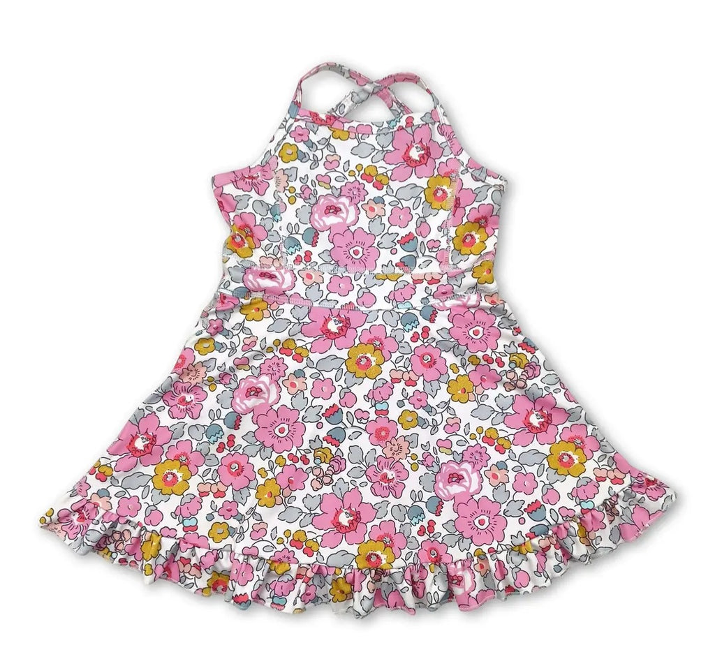 Straps Pink Floral Ruffle Kids Girls Athletic Dresses