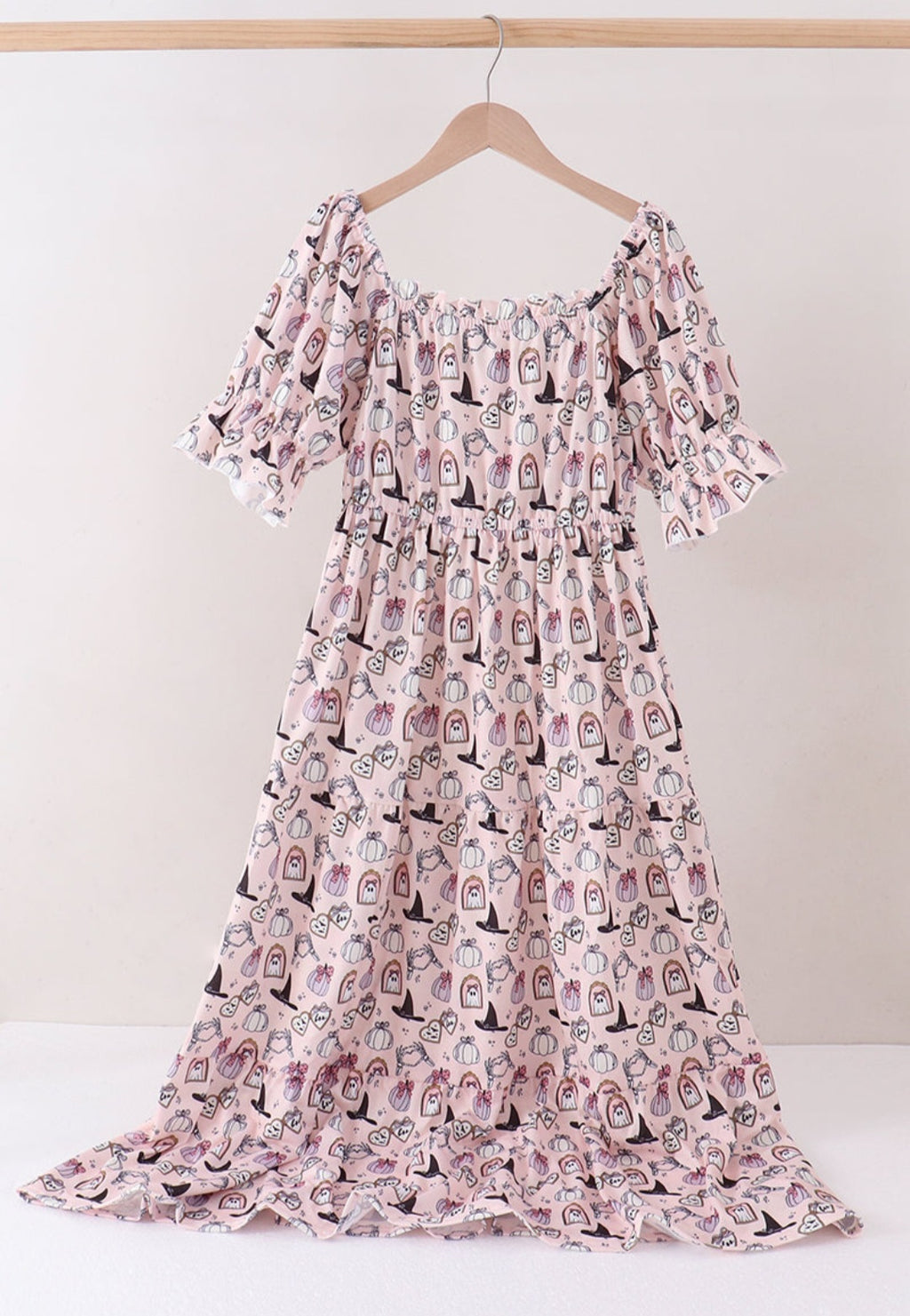 Pink Spooky print ruffle tiered mom
dress