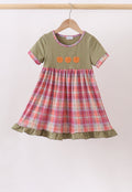 Camel Pumpkin Embroidery Plaid Dress