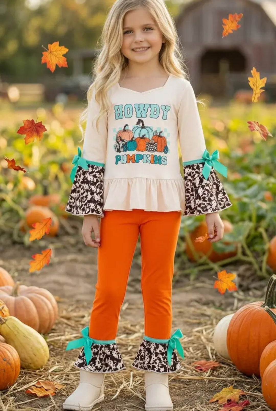 Howdy Pumpkins Cream Tunic W/Bell Sleeves & Orange Pants