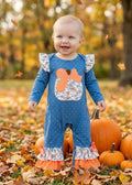 White Polka Dot On Blue Baby Romper & Pumpkin Applique