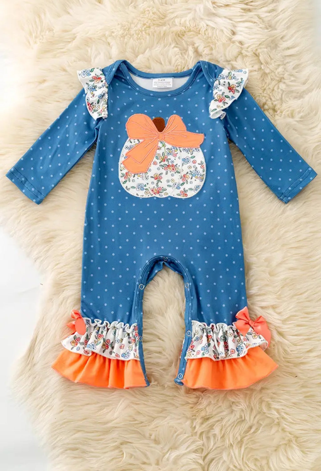 White Polka Dot On Blue Baby Romper & Pumpkin Applique