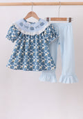 Blue pumpkin bow smocked lace ruffle pants set