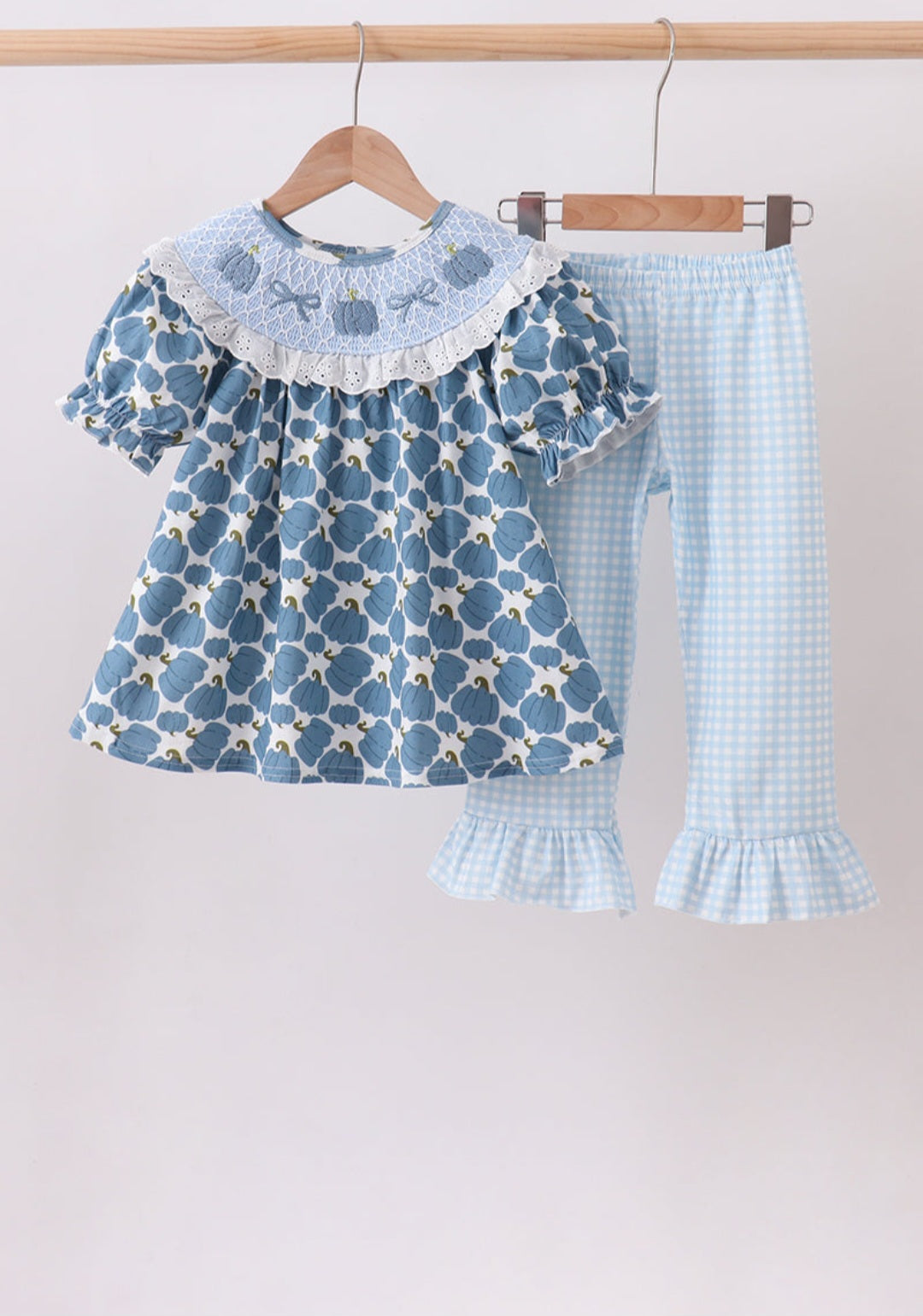 Blue pumpkin bow smocked lace ruffle pants set
