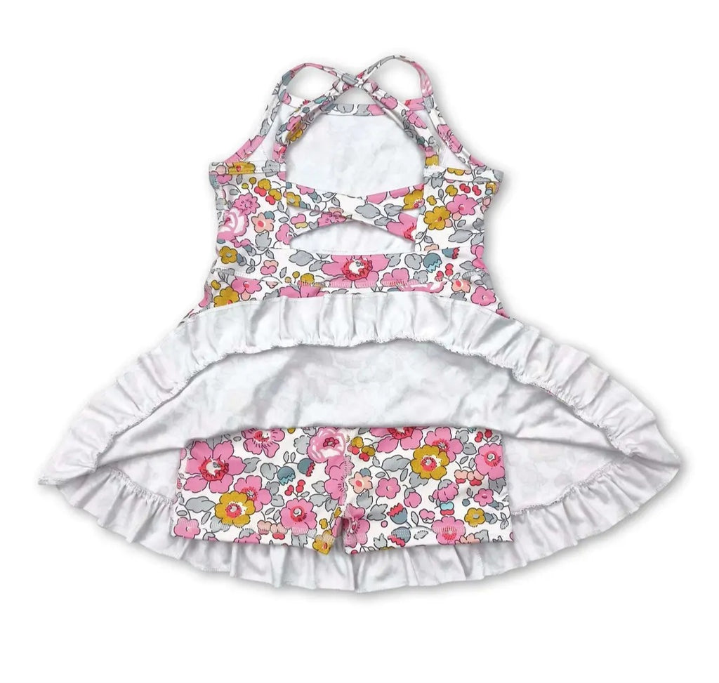 Straps Pink Floral Ruffle Kids Girls Athletic Dresses