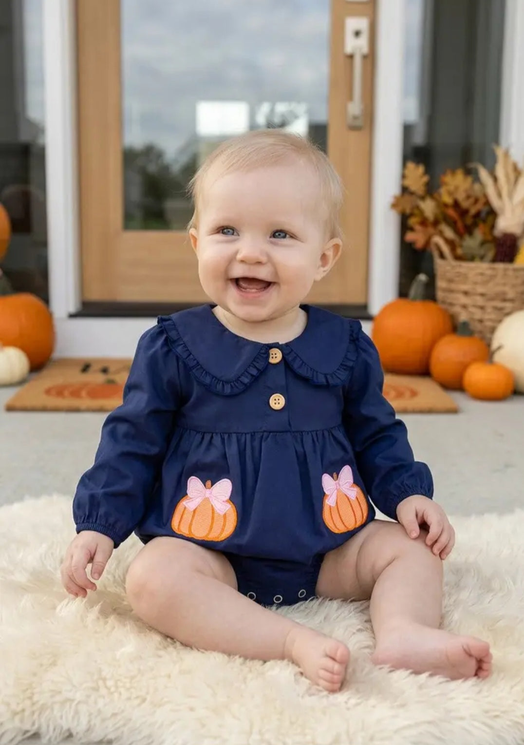 Navy Blue Romper w/ Pumpkin Applique