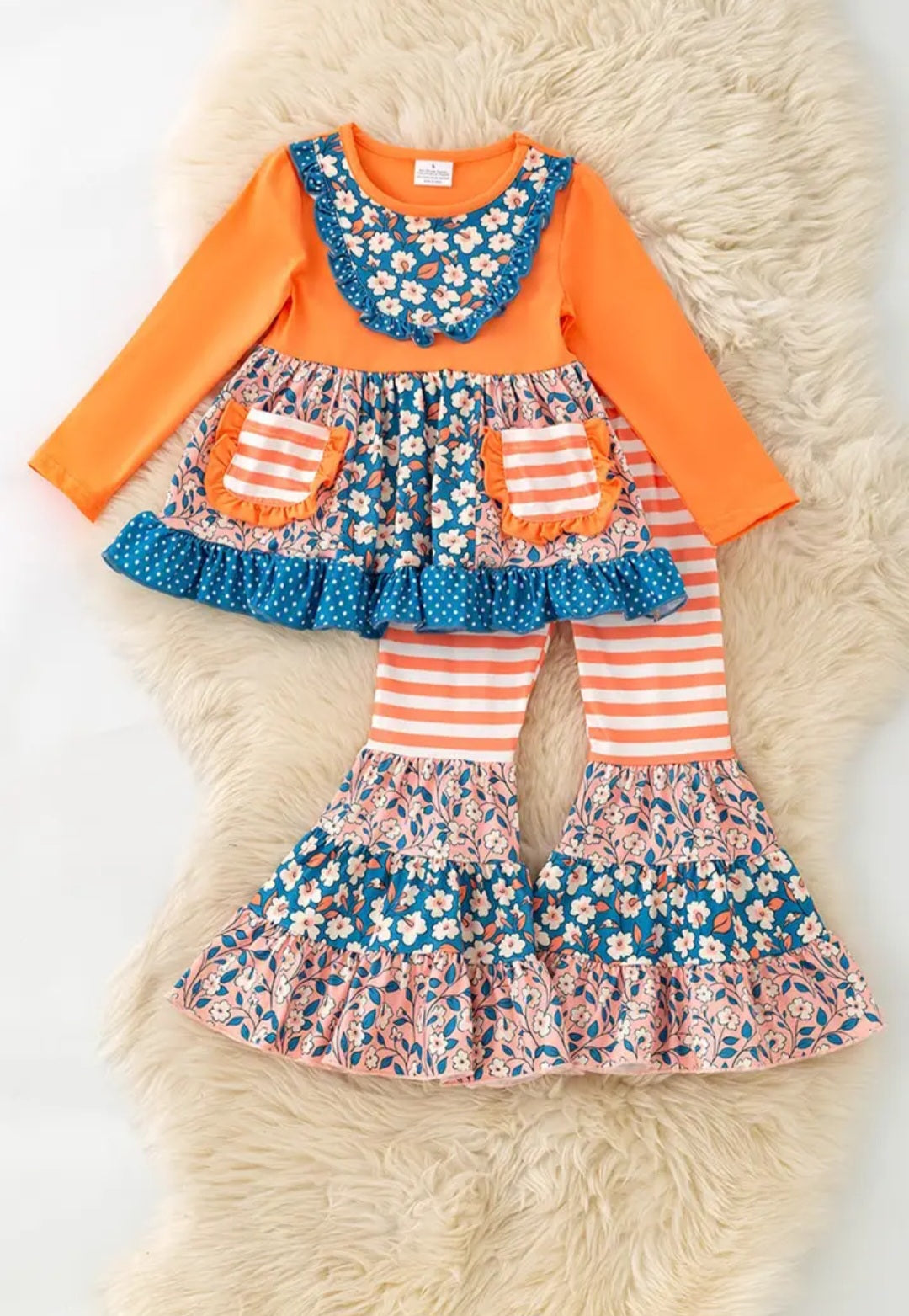 Blue Orange Stripe & Floral Block Ruffle Tunic & Bell Bottoms