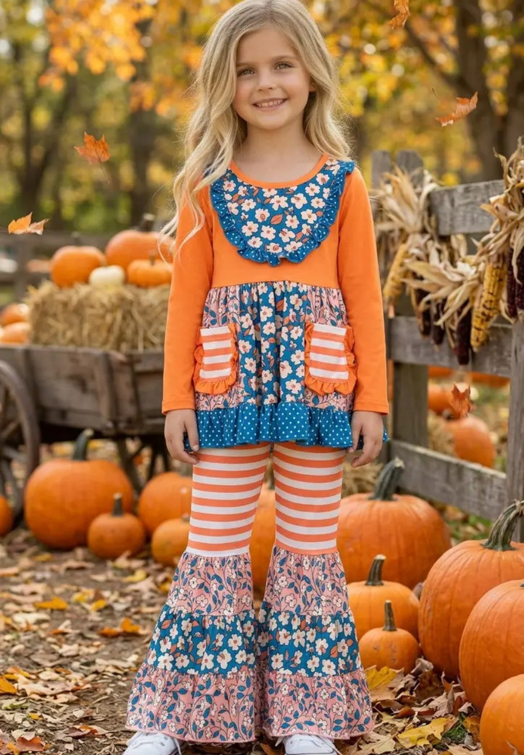 Blue Orange Stripe & Floral Block Ruffle Tunic & Bell Bottoms